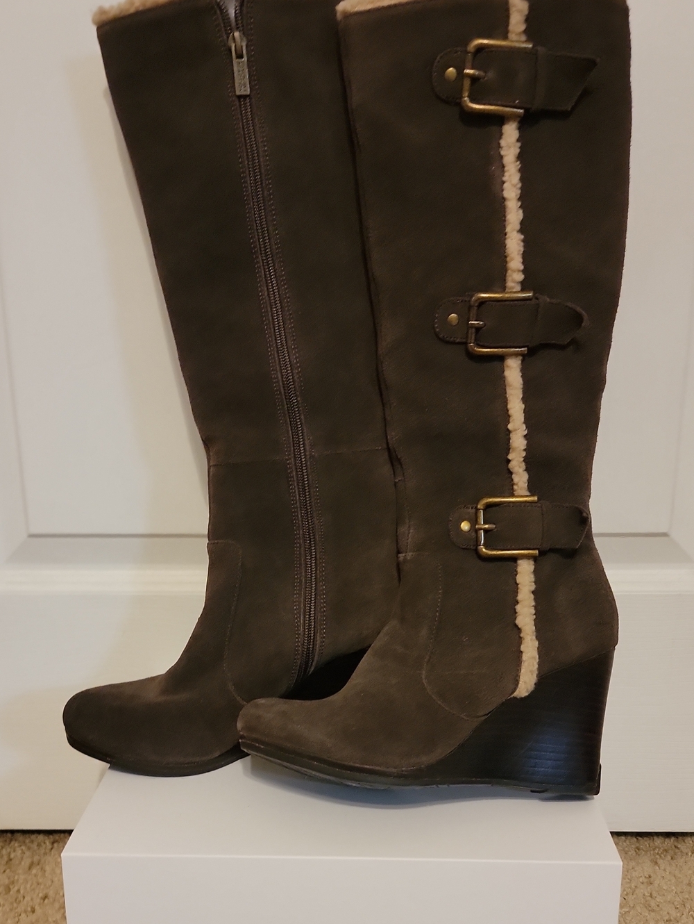 Kenneth Cole Reaction Brown Suede Wedge Knee-High Boots with Shearling Trim